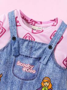 SCOOBY-DOO X SHEIN Baby Girl Pink Allover Print Knitted Round Neck Short Sleeve T-Shirt And Cartoon Character & Dog Print Adjustable Straps Jumper Dress - Multicolor - View 4