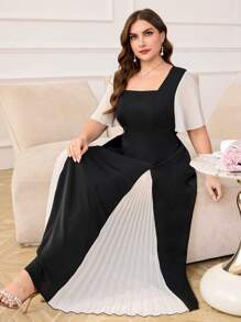 Modelyn Women Plus Size Pleated Panel Short Sleeve Square Neck Casual Dress, Elegant For Commuter Wear
