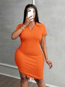 Slaydiva Váy thun polo cổ chữ V màu hồng cánh sen cỡ lớn cho nữ, giản dị & thanh lịch & gợi cảm có xẻ tà bên hông, bó sát & co giãn - trái cam - Xem 6