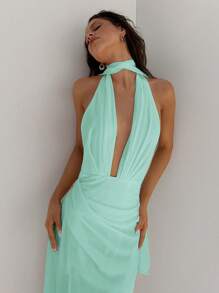 Aloruh 女式深 V 领露背高低长款雪纺连衣裙，配有腰带，适合婚礼、派对、节日、春夏季