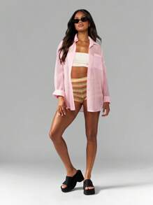 MISSGUIDED 夏季沙滩装透明纽扣羽绒超大长袖雪纺遮盖衬衫度假村度假上衣假日必备时尚衬衫 - 粉色 - 查看 4