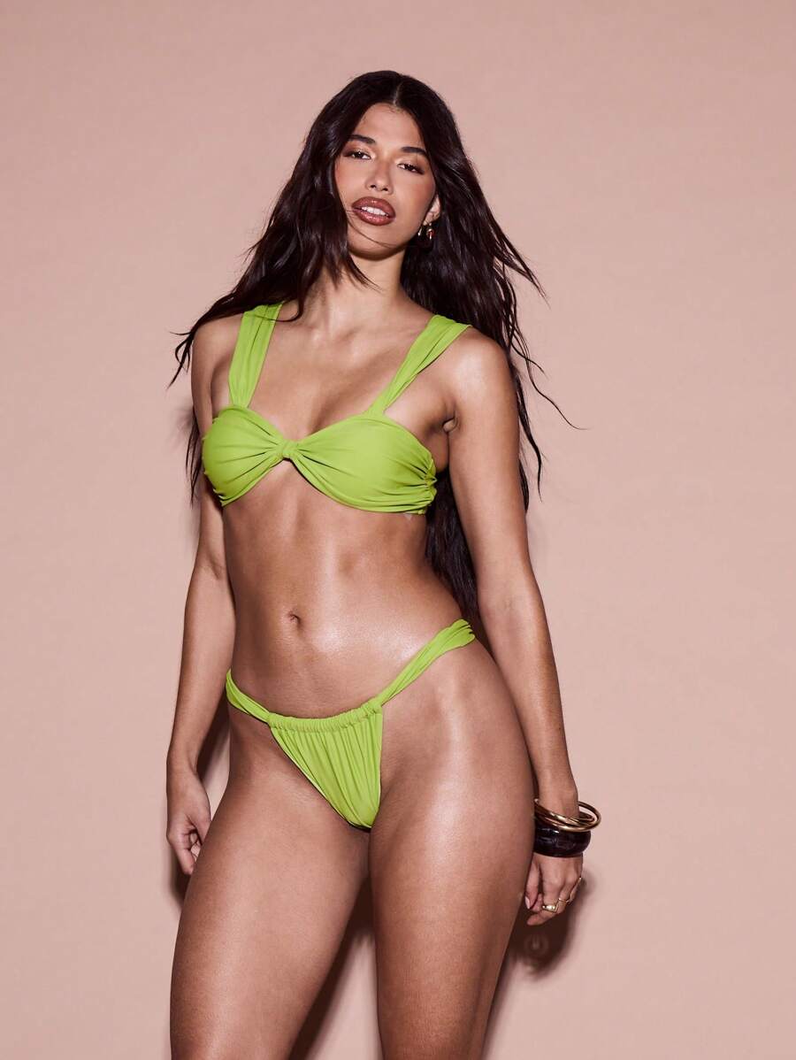 KIZN Two-Piece Ruched Bikini Set With Wide Shoulder Straps, High Cut Bottom, Beach Swimsuit With Twist Front Design, Summer Vacation Swimming Pool Wear, Beachwear - Green - View 1