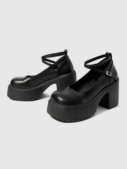 Kawaii Zapatos Mary Jane negros para mujer, de punta cerrada con correa, decoración con cinta cruzada, estilo japonés de colegiala (JK), tacón alto formal/de oficina