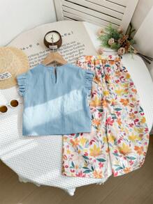 LMoss Kids Bộ 2 món LMoss Young Girl: Áo len cổ nhún màu trơn và quần dài dệt họa tiết hoa nhỏ - Màu xanh lam - Xem 2