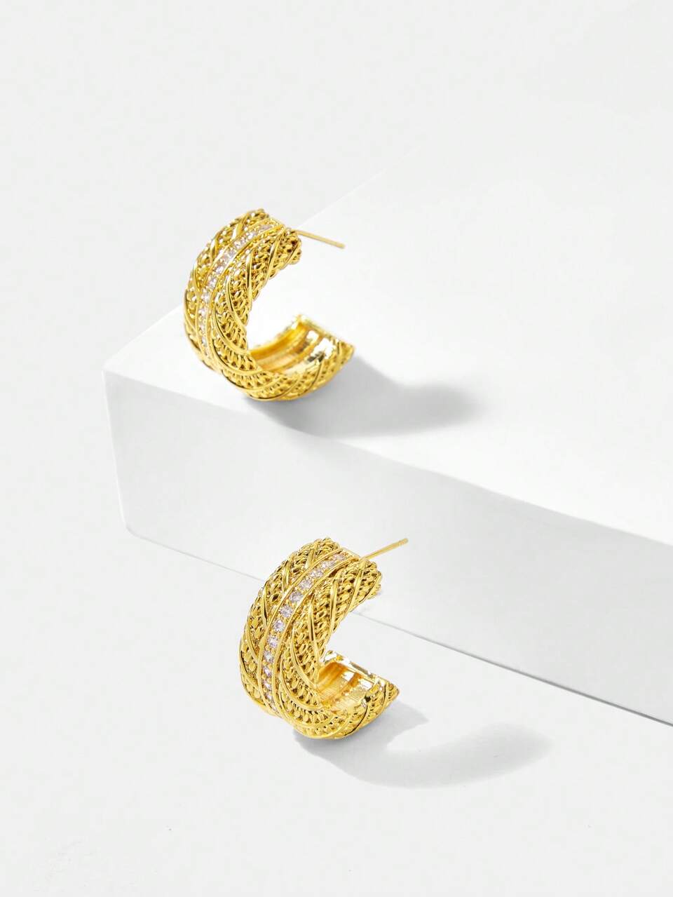 GOLD COLOR THREADED MICRO PAVED ZIRCONIA STUD EARRINGS