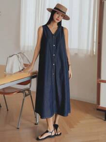 Dazy-Less 复古水洗直筒宽松口袋装饰商务休闲简约女式牛仔连衣裙，夏季 - 深色水洗藍 - 查看 7