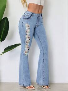 SHEIN SXY Casual Cute Embroidered Women's Flared Jeans - Blue - View 4