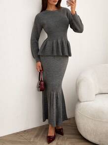 EURMUSE Ensemble 2 pièces de femme comprenant un pull à volants détaillés et une jupe fourreau en tricot maxi