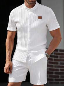 Manfinity Homme Men's Simple Letter Patch Button-Up Shirt And Shorts Set, Summer White Men's Outfit Men's Summer Outfits Men Clothes Men Shirt Co Ords - White - View 3