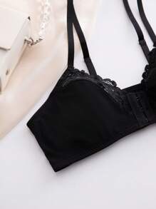 女士前开扣性感文胸搭配优雅蕾丝组合，黑色