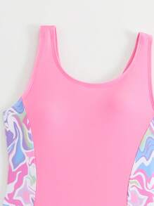 Teen Girls Marble Print One-Piece Swimsuit With Matching Shorts (Print Random) Swimming Clothes For Girls - Multicolor - View 3