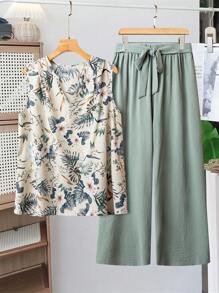 SHEIN VCAY Set di 2 pezzi composto da un top stampato a tema tropicale e pantaloni strutturati, adatto a taglie forti per l'estate
