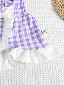SHEIN Bộ áo không tay kẻ caro nơ viền nông thôn cho bé gái và quần ống loe - Màu tím - Xem 4