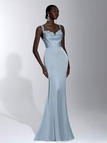 Elitara Elegante, romántico y sexy vestido de sirena azul de satén con decoración de encaje 3D floral, sin mangas, sin tirantes, hombros descubiertos y espalda descubierta, adecuado para fiestas de cumpleaños, eventos de boda y dama de honor