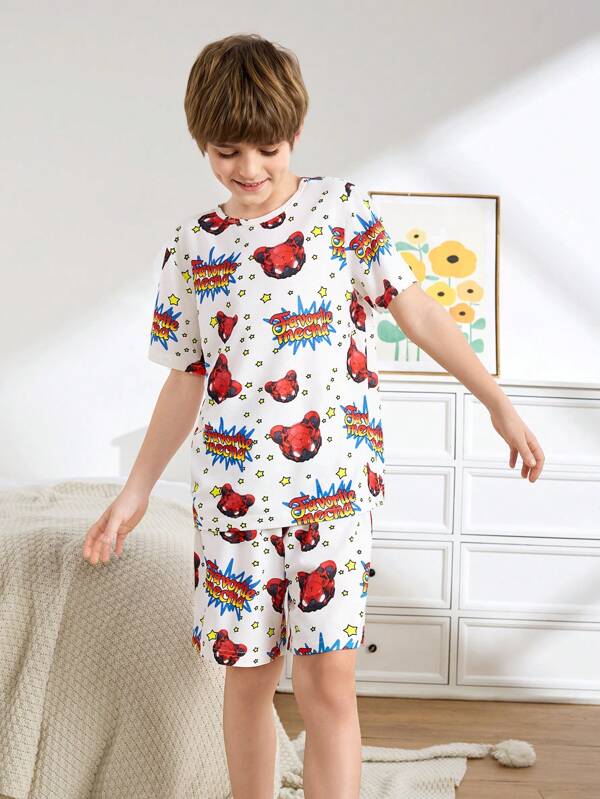 Flammhemmendes, einfaches, buntes, grafisch bedrucktes, bequemes Kurzarm Shorts Pyjama-Set, geeignet für ältere Jungen im Frühling/Sommer