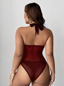 Maweii 大码女装春夏新年酒红色蕾丝镂空弹力休闲法式年轻时尚针织弹力百搭舒适叠穿上衣，适合年轻性感女性参加派对、社交场合，连体衣，紧身胸衣，优雅性感拼接透视露肩修身纯红色连体衣，派对 - 酒紅色 - 查看 2