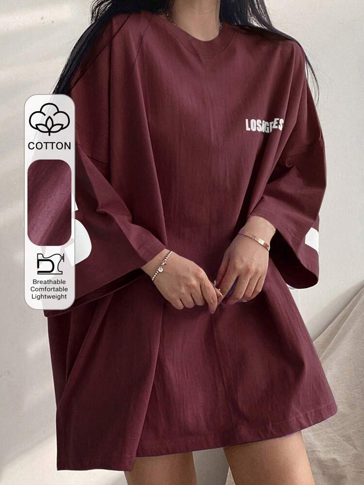 Women Letter Print Round Neck Drop Shoulder Casual Loose T-Shirt Oversized T-Shirt,Back To School Clothes