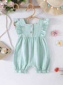 Pelele para bebé niña con volantes en las mangas, decoración floral tejida multicolor y volantes, estilo casual y lindo para exteriores en verano - verde menta - Ver 2
