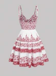 SHEIN MOD Spring And Summer New Plus Size Women's Bohemian Placement Print Loose Vintage Doll Dress, Suitable For Vacation, Country Music Festivals, Afternoon Tea And Other Occasions