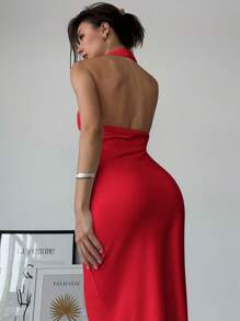 Aloruh 女士紧身深 V 领开衩白色露背连衣裙 - 紅色 - 查看 2