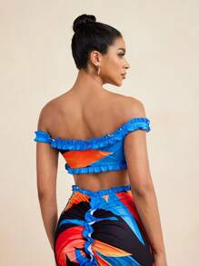 LUNA B 花卉印花荷叶边露肩短款上衣女式性感夏日度假海滩 - 彩色 - 查看 3