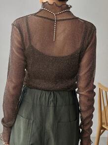 FRIFUL Women's Fashionable Glitter Mesh Fitted Blouse Sheer Long Sleeve Women Tops - Brown - View 4