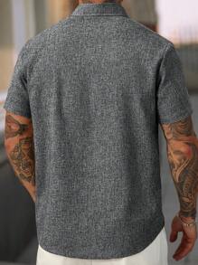 Manfinity Homme Manfinity CasualCool 男士亚麻条纹短袖衬衫，适合夏季日常通勤 - 黑色 - 查看 2