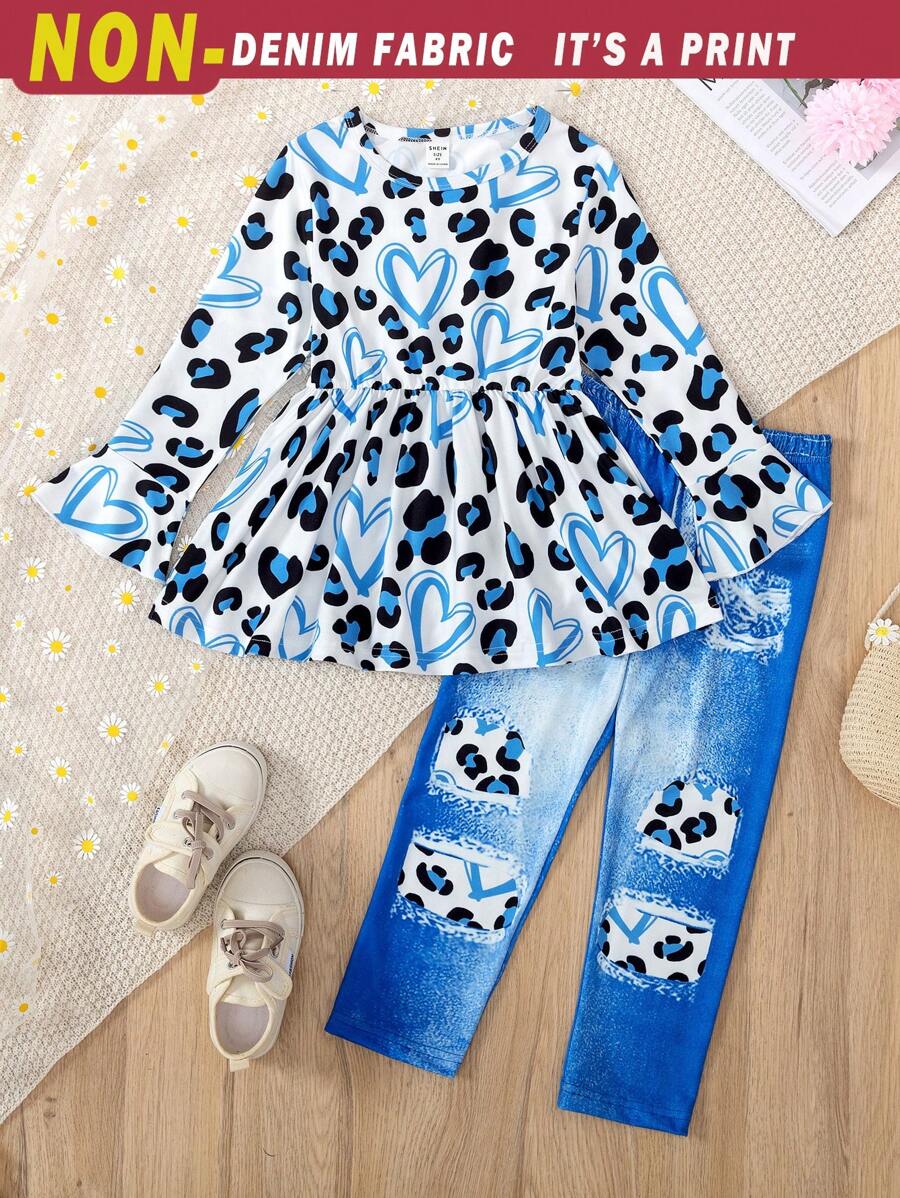 SHEIN 2pcs/Set Young Girl Stylish Number Digital Print Round Neck Flared Long Sleeve Top And Denim Effect Pants Set, Spring/Autumn - Blue - View 1