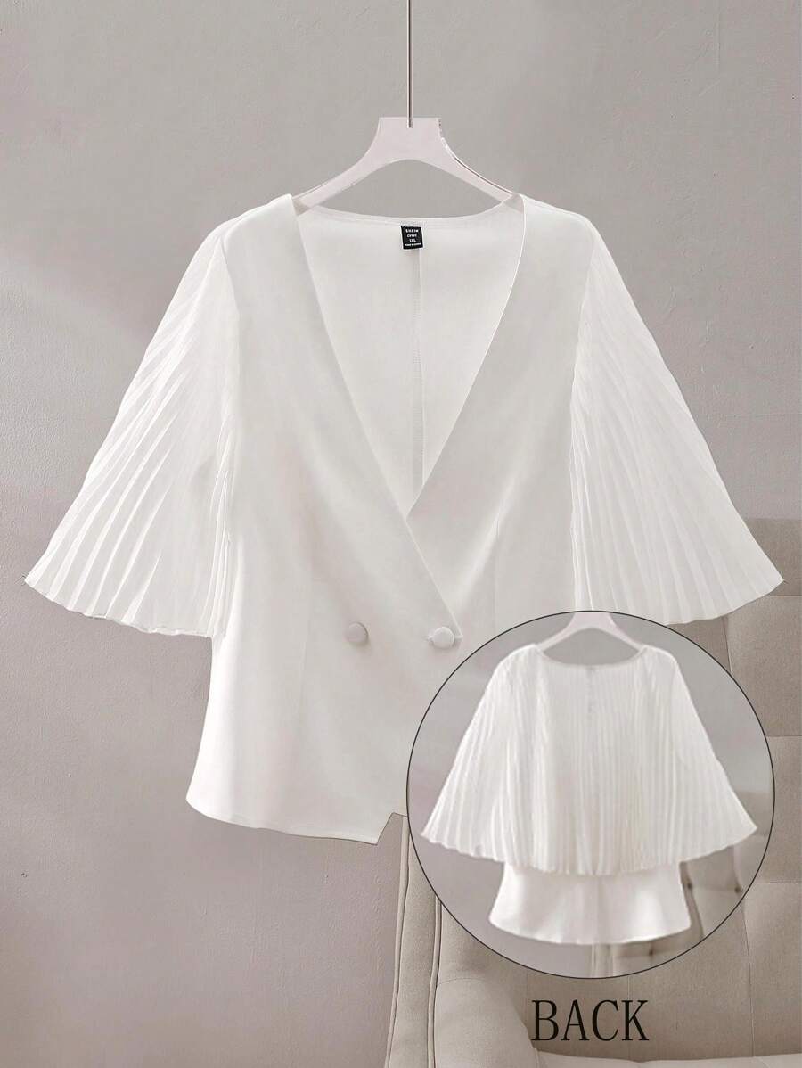 SHEIN Unity Plus Size V-Neck Pleated Cape Style Minimalist Commute Jacket For Women - White - View 1