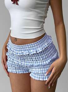 Aloruh 女式春夏格子荷叶边下摆休闲短裤 - 藍白色 - 查看 4