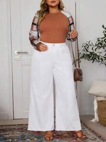 EMERY ROSE Plus Size Women's Pocketed Wide Leg Loose Casual Versatile Jeans - White - View 6