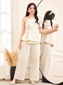 SHEIN 少女编织纯色单肩带修身上衣和编织宽松长裤两件套，派对，节日，宴会，早午餐服装，生日场合，新年，返校节，舞会 - 杏色 - 查看 6