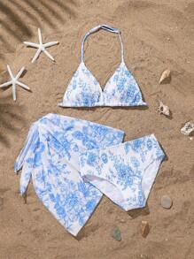 3pcs/Set Tween Girls Swimsuit With Floral Pattern, Including Swimsuit, Mesh Triangle Shawl, And Skirt - Multicolor - View 1