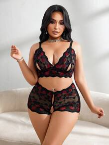 SpicyHot Set de 2 piezas de ropa interior sin aros de encaje para talla grande