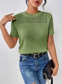 SHEIN Unity Women's Round-Neck Solid Color Short-Sleeved Knitted Top For Summer For New Year Clothes - Army Green - View 1