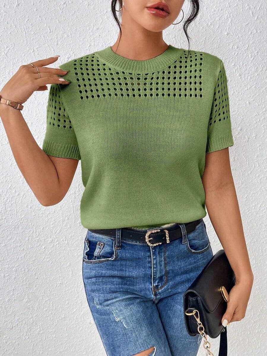 SHEIN Unity Women's Round-Neck Solid Color Short-Sleeved Knitted Top For Summer For New Year Clothes - Army Green - View 1