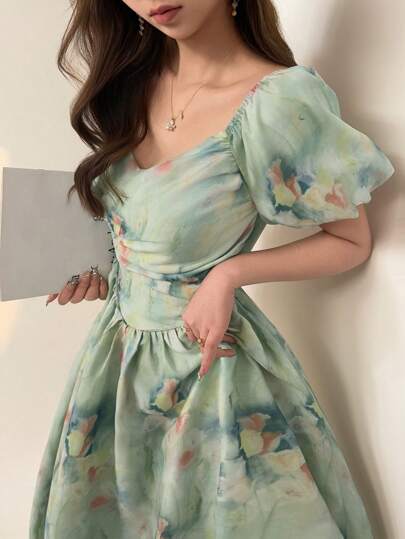 DAZY Vestido midi con mangas abullonadas y estampado floral elegante para mujer, atuendo de vacaciones y Pascua