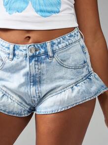 MISSGUIDED High Rise Ruffle Booty Denim Shorts Y2K Festival Summer Beach Casual Light Blue Wash Distressed Jean Hot Pants Streetwear - Light Wash - View 3