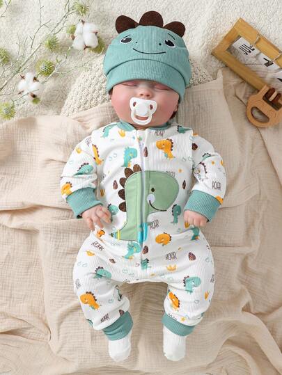 SHEIN Playful Pals 男婴长袖连体衣，可爱恐龙印花，配有帽子，舒适休闲，适合室内外活动，春秋季穿着。