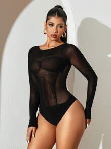 Sirith Women's Hollow Out Mesh Round Neck Long Sleeve Sexy Bodysuit
