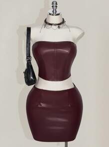 SHEIN ICON 大码女式抹胸PU皮革上衣和低腰迷你裙套装