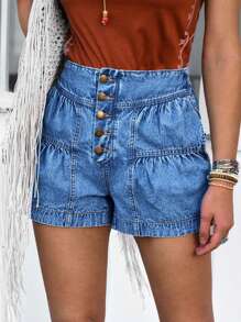 LanaWest Women Elastic Waist Ruffle Hem Denim Shorts