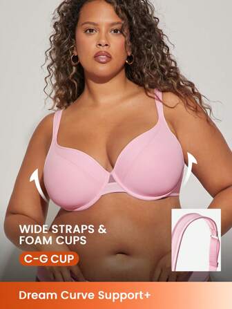 LUVLETTE Plus Dream Curve Support +Smooth Full Coverage Support Wide Strap Push Up T-Shirt Pink Basic Bra