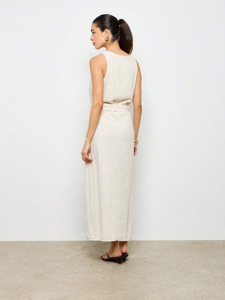 Elegant Belted V-Neck Split-Front Sleeveless Linen Maxi Dress