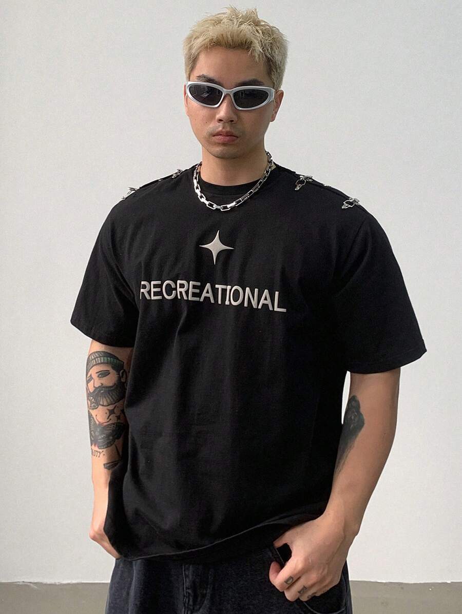 DAZY 男士可拆卸袖子 T 恤,字母印花深色款式,夏季 - 黑色 - 查看 1