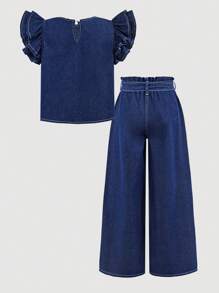 SHEIN Girlism Tween Girls' Summer Boho Ruffle Trim Round Neck Short Sleeve Denim Top With Detachable Belt Baggy Denim Wide Leg Pants Cute Denim Two Pieces Set