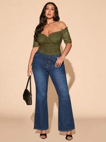 SHEIN BAE Plus Size Women's Summer Fashion Off-Shoulder Short Sleeve Ruched Blouse - Army Green - View 1