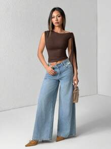 SHEIN PETITE Top corto informal de verano con detalle de hombros anudados