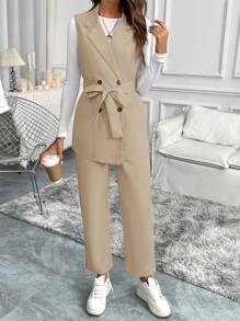SHEIN Clasi Women's Long Length Vest With Tie Waist, Minimalist Suit Set - Khaki - View 4