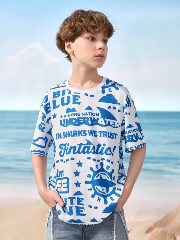 Shark Week X SHEIN Tween Boy Blue Shark Letter Print White Casual Short Sleeve T-Shirt